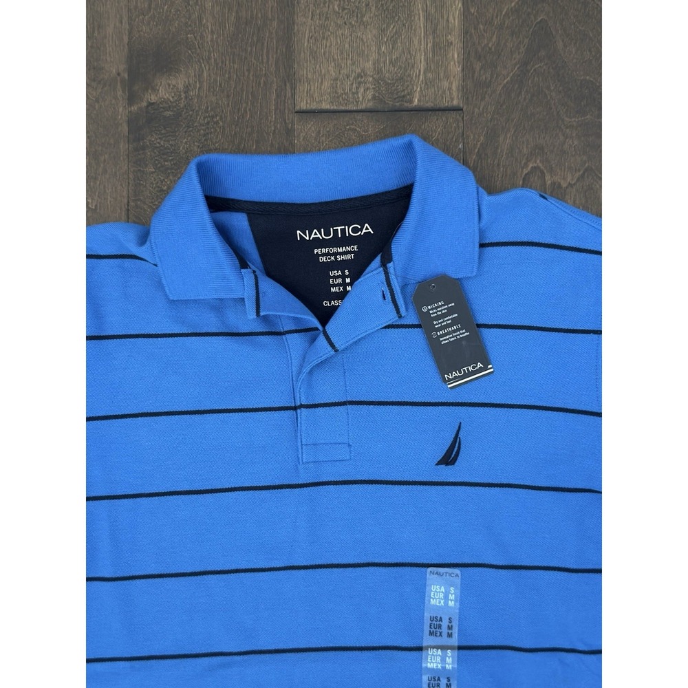 NWT Nautica Mens Performance Deck Shirt Blue Stripe Polo Size S Classic Fit Logo